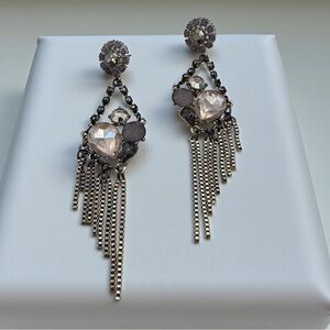 Crystal Heart Drop Fringe Earrings - Pink and Silver